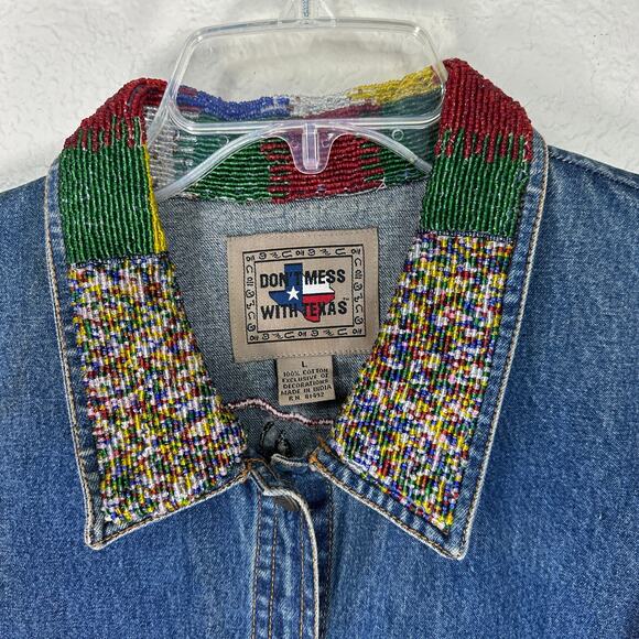 Vintage Don’t Mess With Texas Beaded Denim Jacket Folk Art Embroidered L - Picture 3 of 6